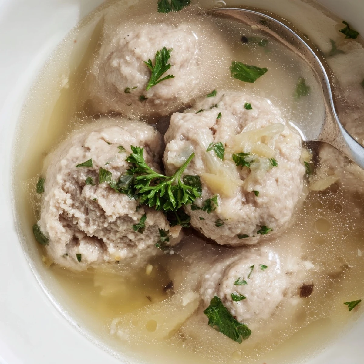 Zarte Leberknödel in würziger Brühe, perfekt für ein herzhaftes Abendessen.  