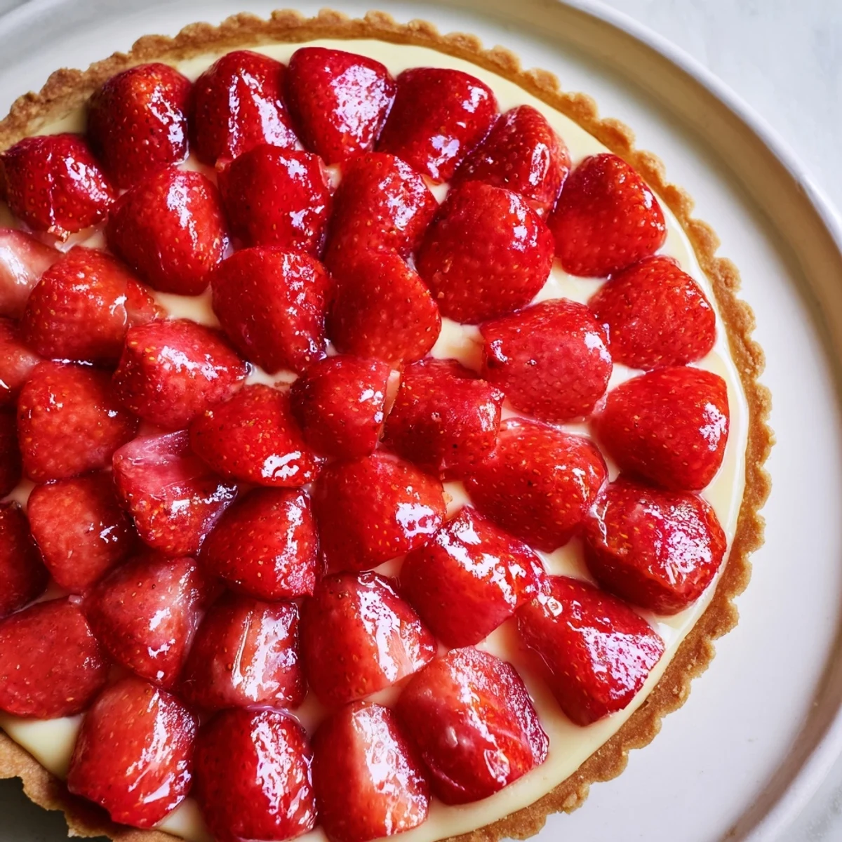 Frischer Erdbeertart mit knusprigem Boden, samtiger Vanillecreme und saftigen Erdbeeren.  