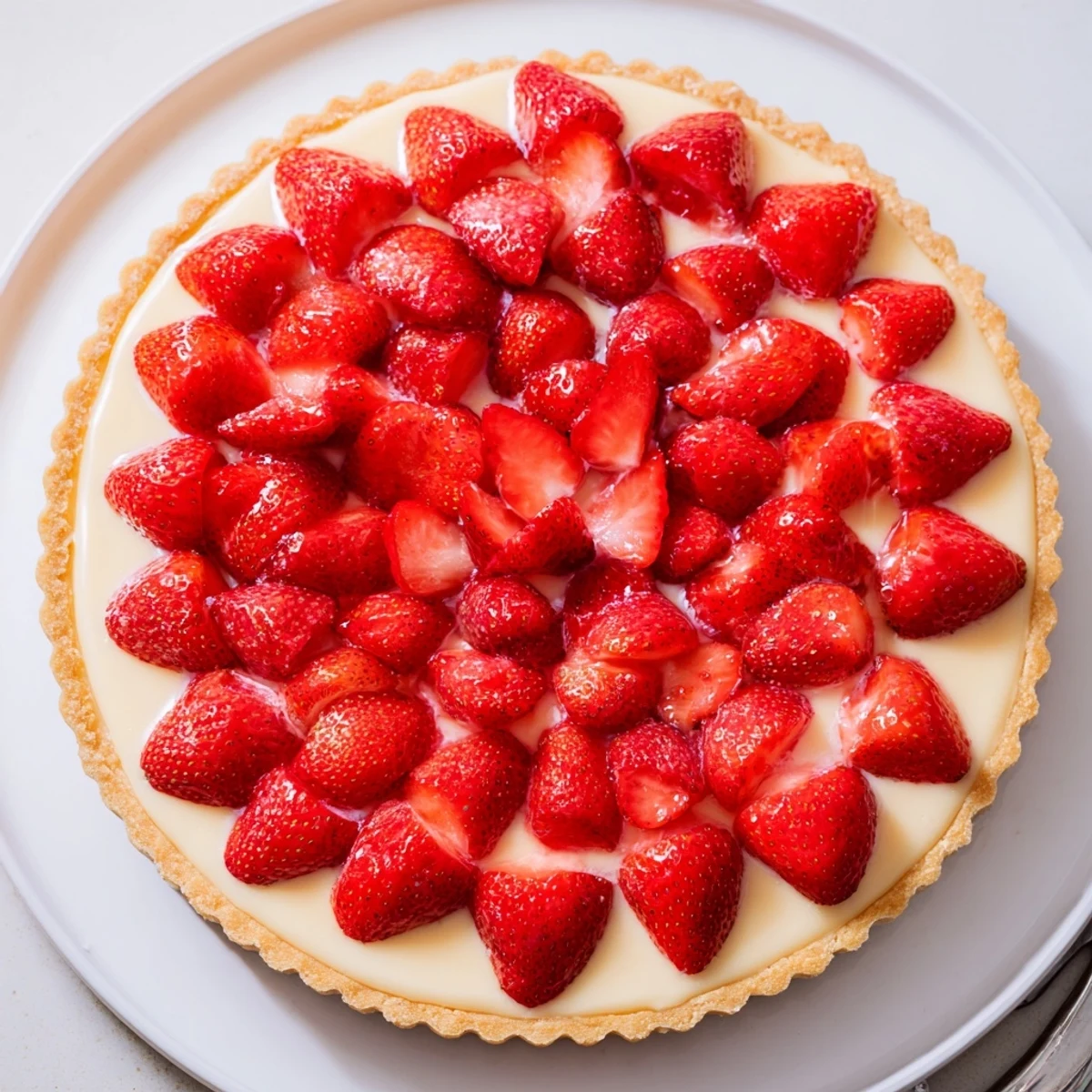 Zarte Erdbeeren auf einer goldenen Kruste, perfekt für warme Sommertage.  