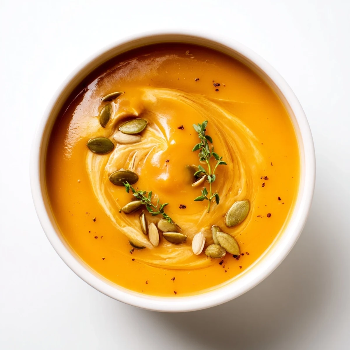 Samtige Butternut-Kürbissuppe, garniert mit krossen Kürbiskernen und frischer Thymian